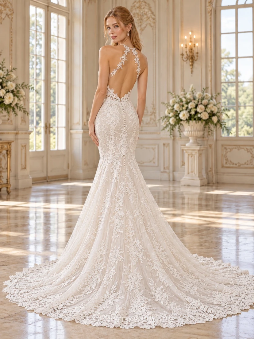 Mermaid High Halter Neck Floral Lace Open Back Wedding Dress view 2