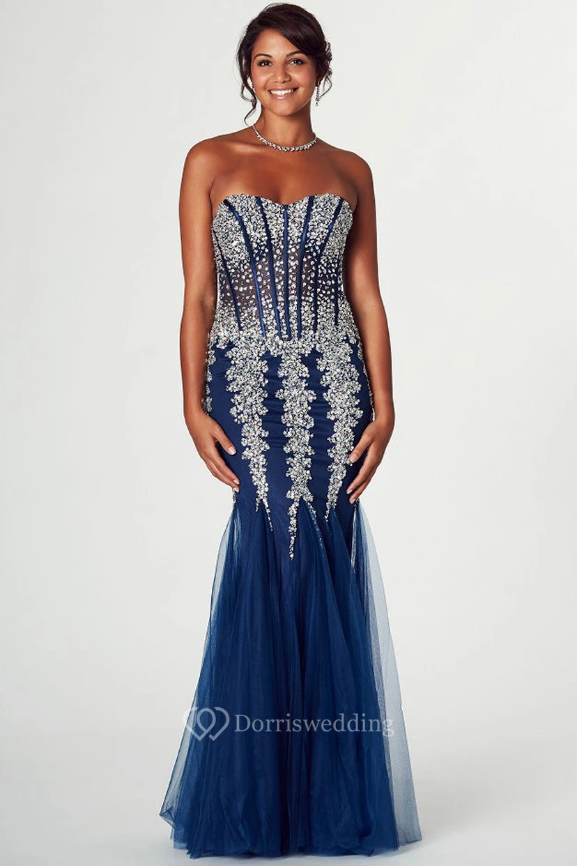 Maxi Mermaid Sweetheart Beaded Sleeveless Tulle Prom Dress