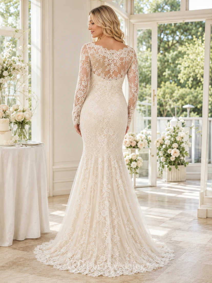 Maternity Wedding Mermaid Sweetheart Long Sleeve Lace Sweep Train Bridal Dress view 2