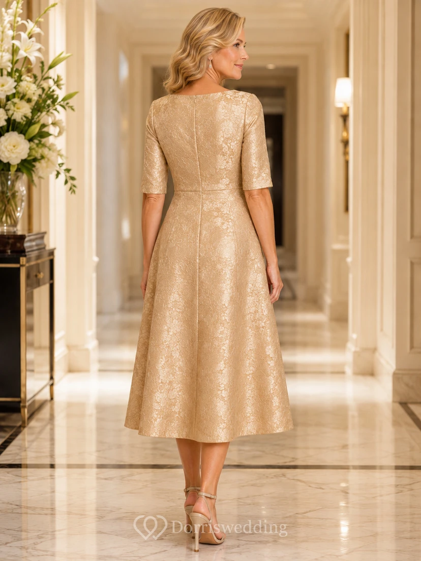 Soft Gold Vintage Bateau Jacquard A-Line Tea-Length Mother of the Bride Midi Dress with Three-Quarter Sleeves view 2