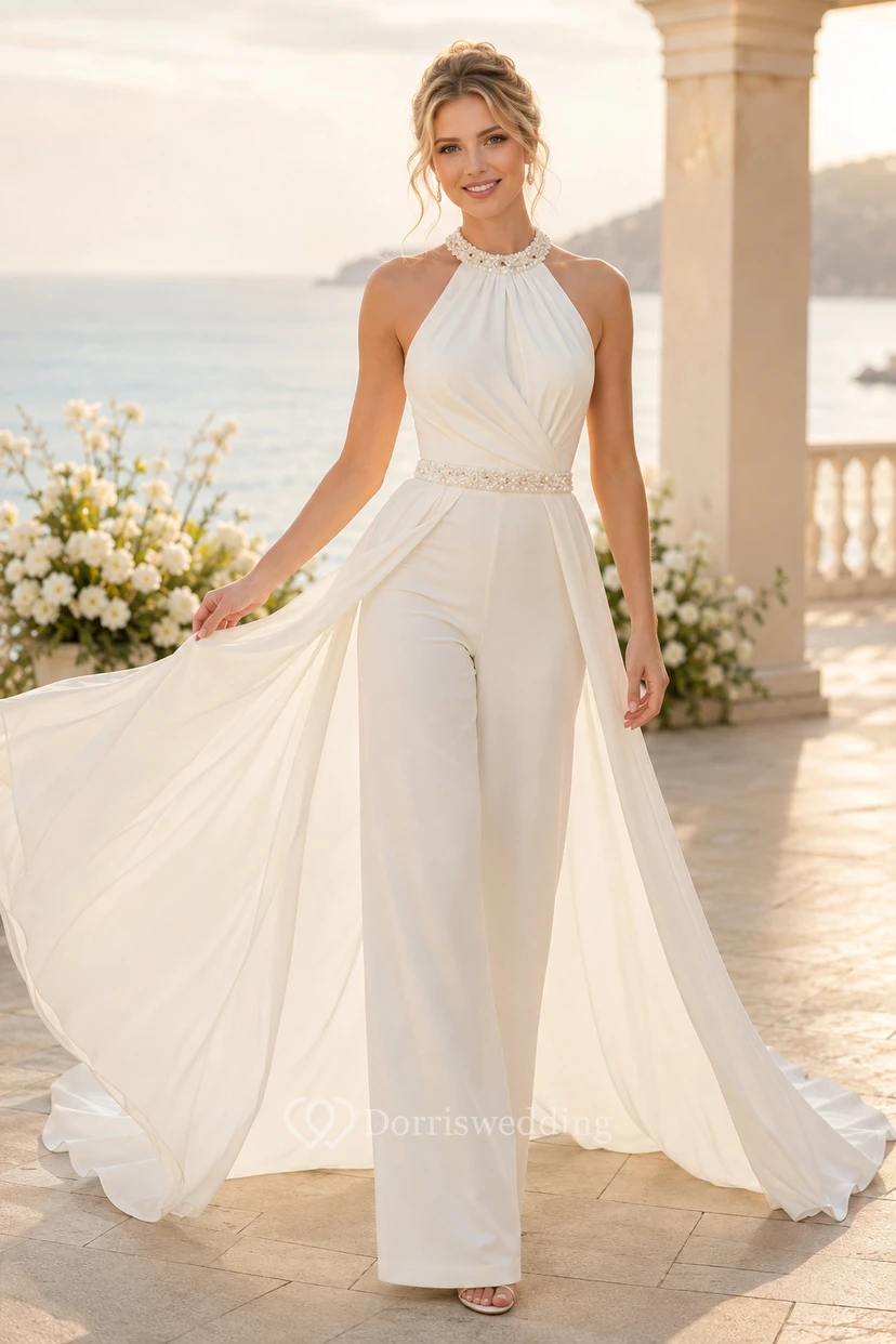 Braut-Jumpsuit mit Neckholder und fließendem Chiffon-Überrock mit Schleppe