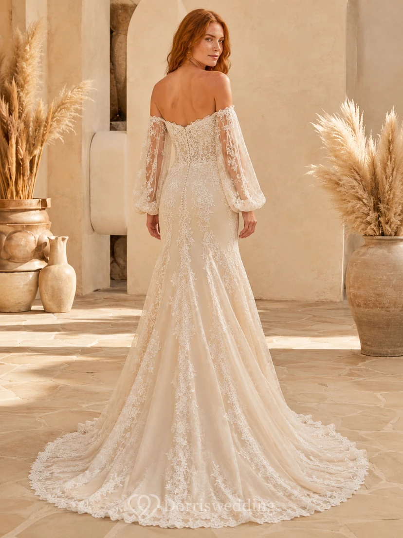 Romantic Champagne Lace Mermaid Wedding Off Shoulder Sweetheart Long Sleeves Train view 2
