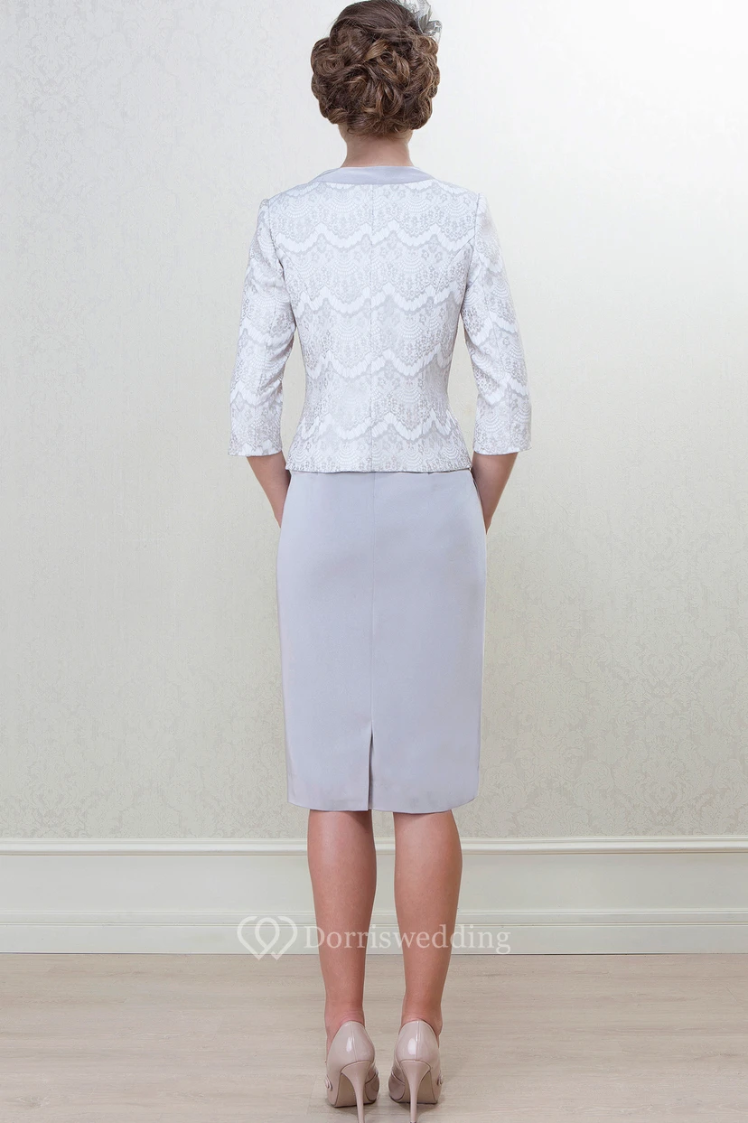 Pencil Knee-Length High Neck Caped 3-4 Sleeve Satin Mother Of The Bride Dress view 2