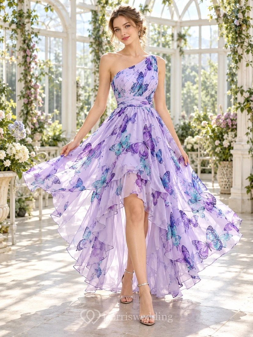 High-low Lavender Butterfly Print One Shoulder Layered Formal Evening Gown