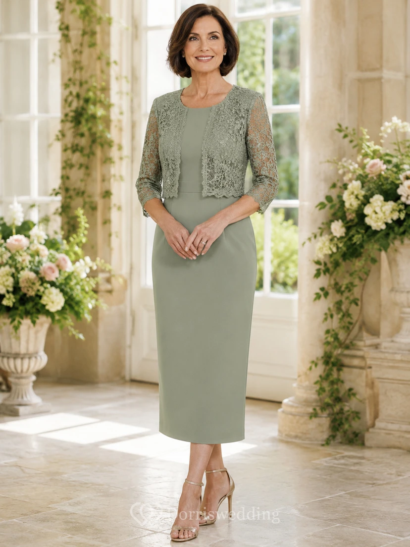 Elegantes, dreiviertellanges Spitzen-Etuikleid in Salbeigrün, Satin-Cut-Top, wadenlang, schlichtes Abendkleid für die Mutter des Bräutigams