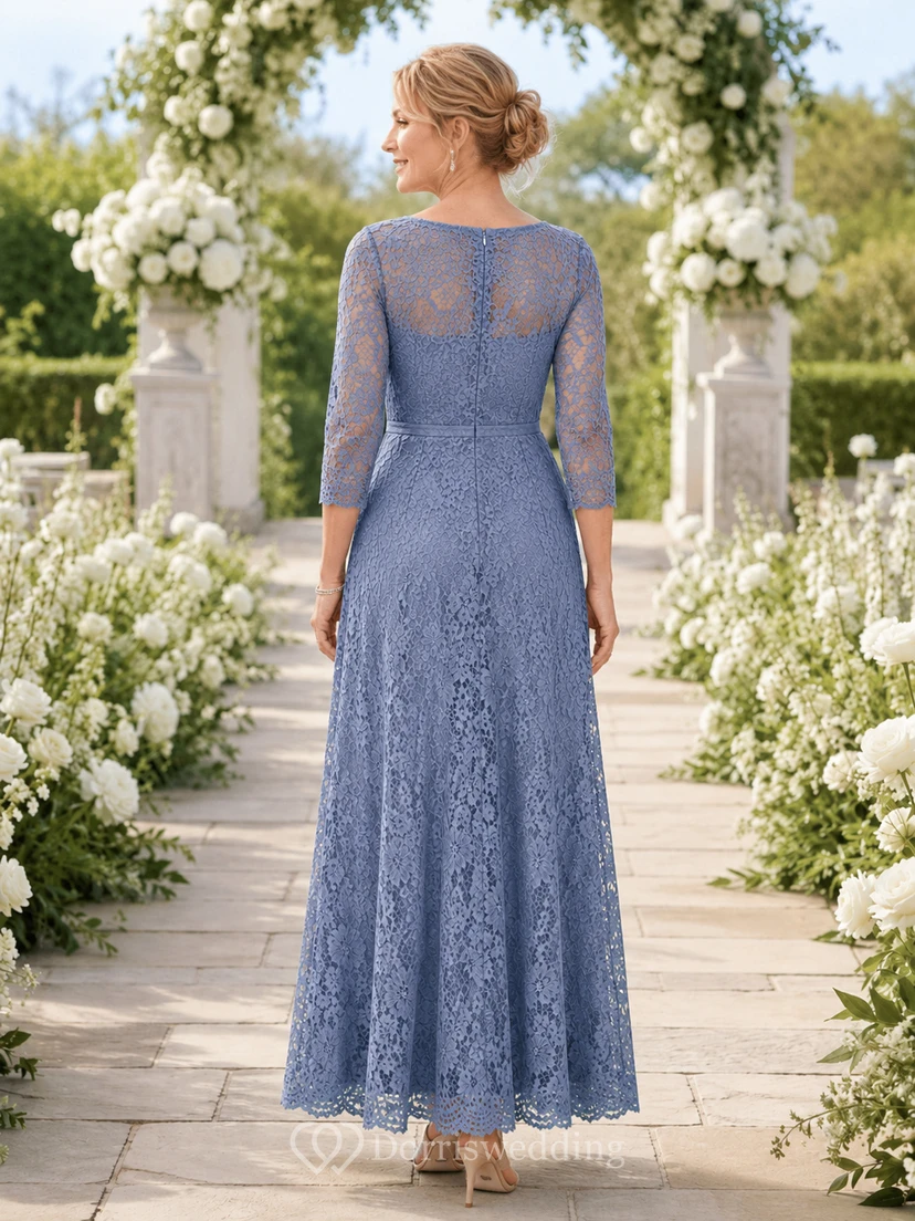 Dusty blue lace illusion sleeve A line mother gown view 2