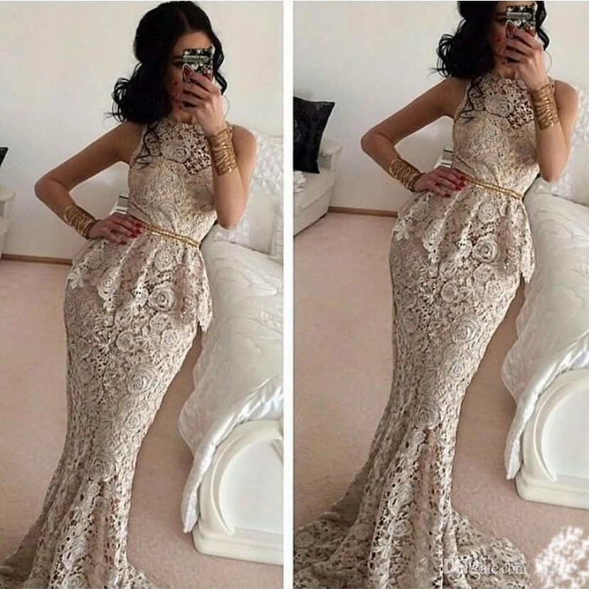 Gorgeous Full Lace Sleeveless Mermaid Evening Dresses Sweep Train Prom Gowns