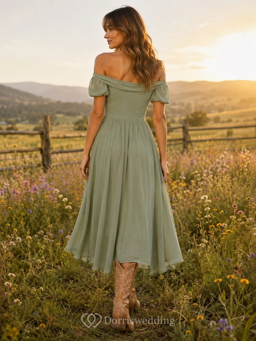 Salbeigrünes schulterfreies, kurzärmeliges Chiffon-Midikleid im A-Linien-Stil im Landhausstil view 2