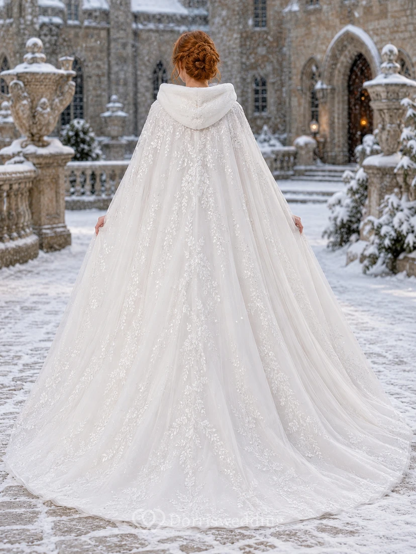 Winterliches Brautkleid mit Kapuze und Cape aus Spitze view 2