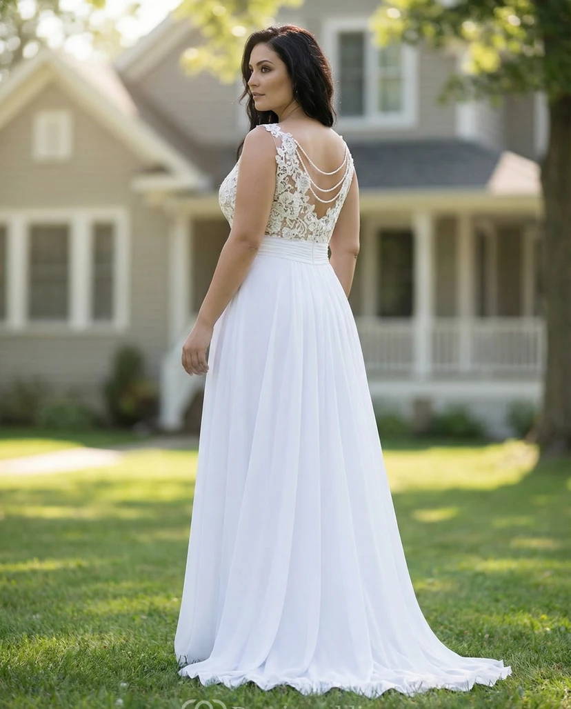 Sheer Bateau Neck Plus Size Wedding Gown view 2