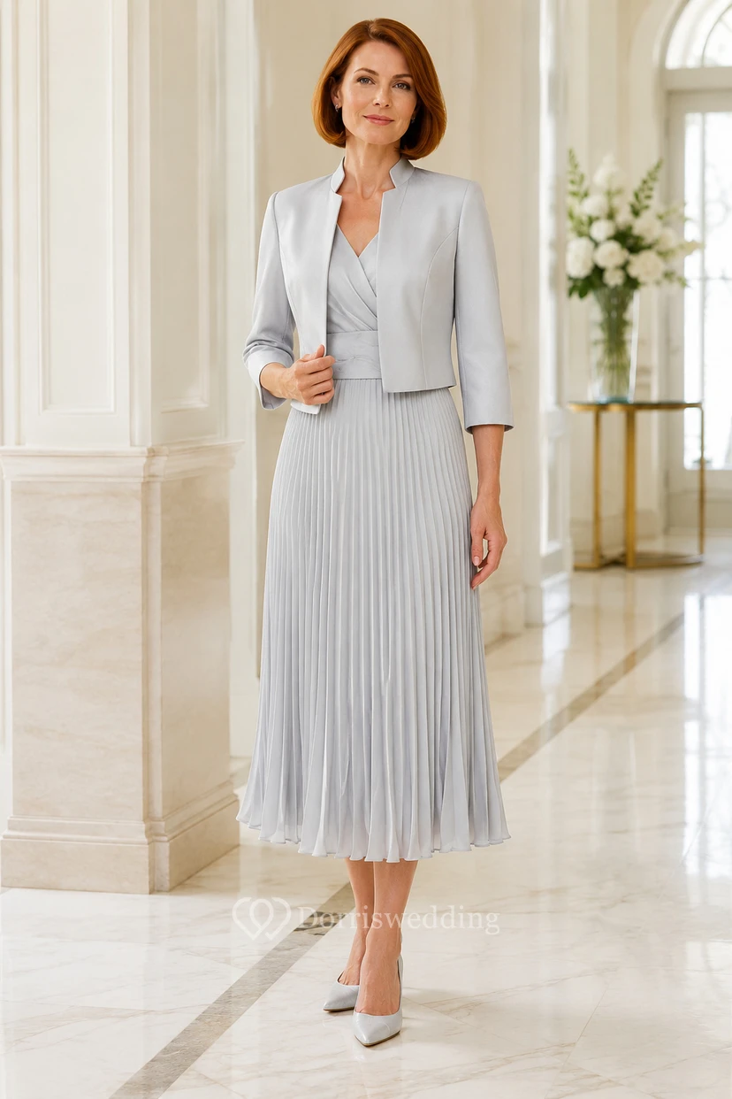 MOB Dress Silver Chiffon Satin A-Line 3/4 Sleeve V-Neck Tea Length with Jacket Pleated