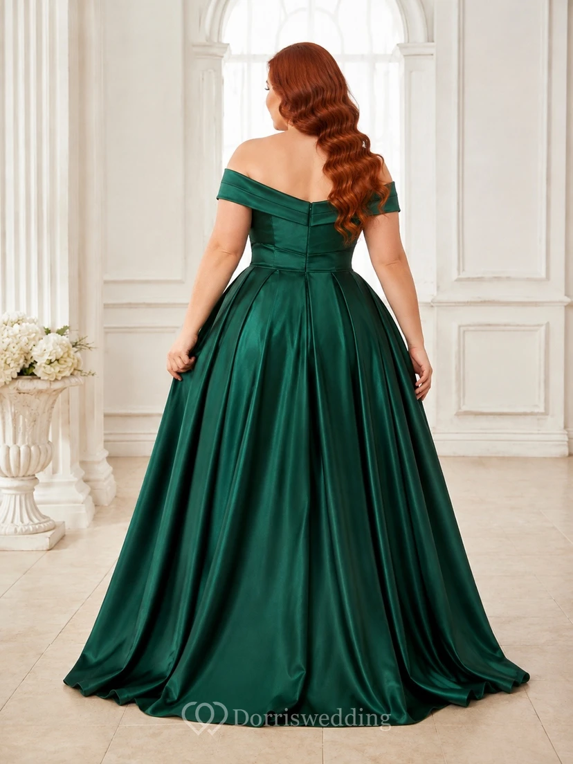 Vestido de gala de talla grande con hombros descubiertos, satén verde oscuro, vestido formal view 2