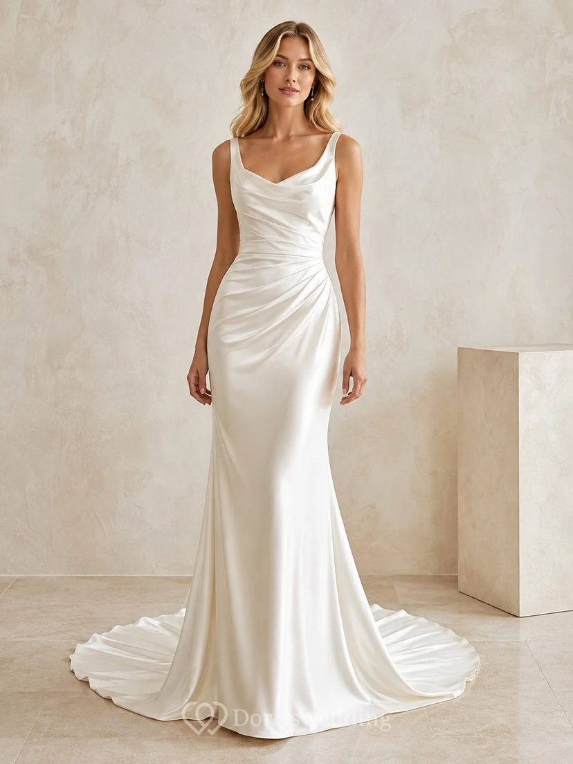 Vestido de novia formal con escote halter, corte A y cola larga para ceremonia.