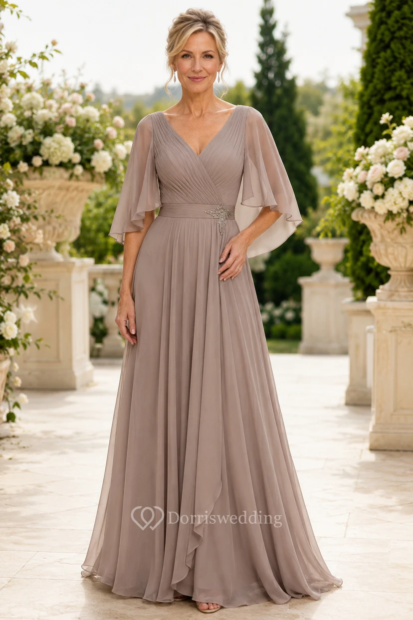 MOB-Kleid, taupefarbener Chiffon, A-Linie, flatternde Ärmel, V-Ausschnitt, bodenlang, drapiert