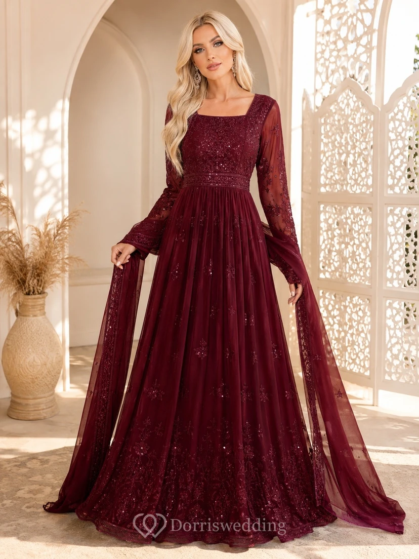 Burgundy Bohemian High-Neck Velvet-Lace Long-Sleeve A-Line Floor-Length Dress