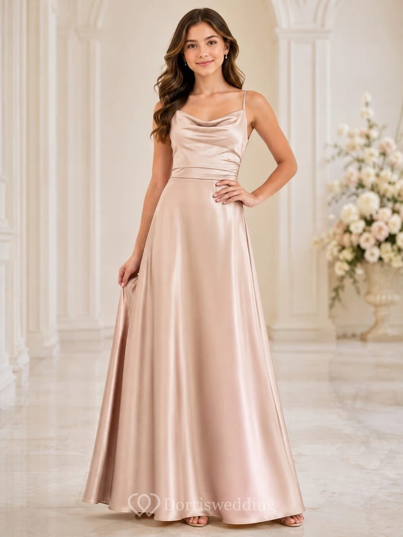 Vestido de dama de honor juvenil color champán, corte en A, escote drapeado, sin mangas, satén de lujo.