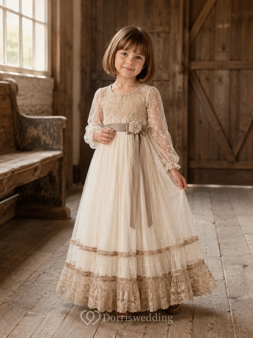 Langärmeliges, gestuftes A-Linien-Kleid aus Spitze und Tüll für Blumenmädchen mit Rundhalsausschnitt, wadenlangem Rock, Schärpenbesatz und Stufenrock.