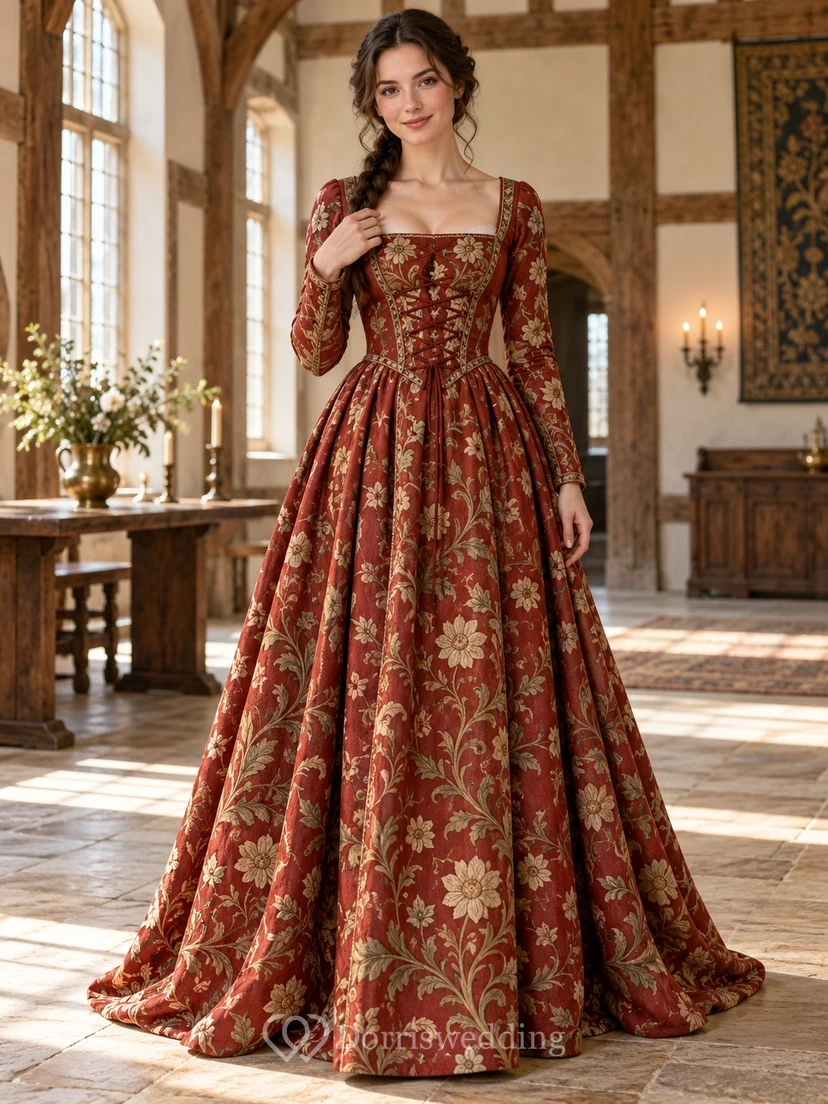 Robe de cérémonie médiévale vintage à col carré, manches longues et fleurs rouges et dorées.