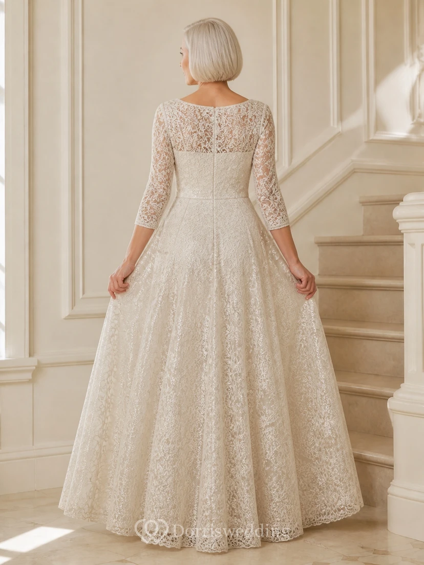 Voluminous Modest Older Brides Lace Ball Gown Floor-length Bateau Three-Quarter Sleeve Mother Dress view 2