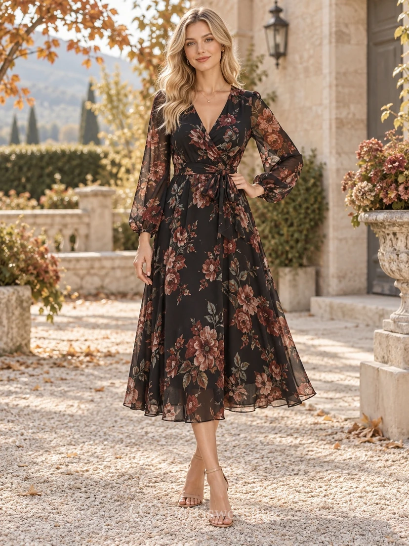 Vestido de invitada negro de corte A, escote en V, manga larga y largo hasta la rodilla.