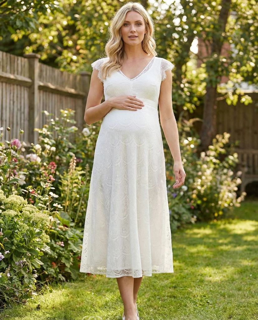 White Tea Length Lace Maternity Wedding Dress with Cap Sleeves