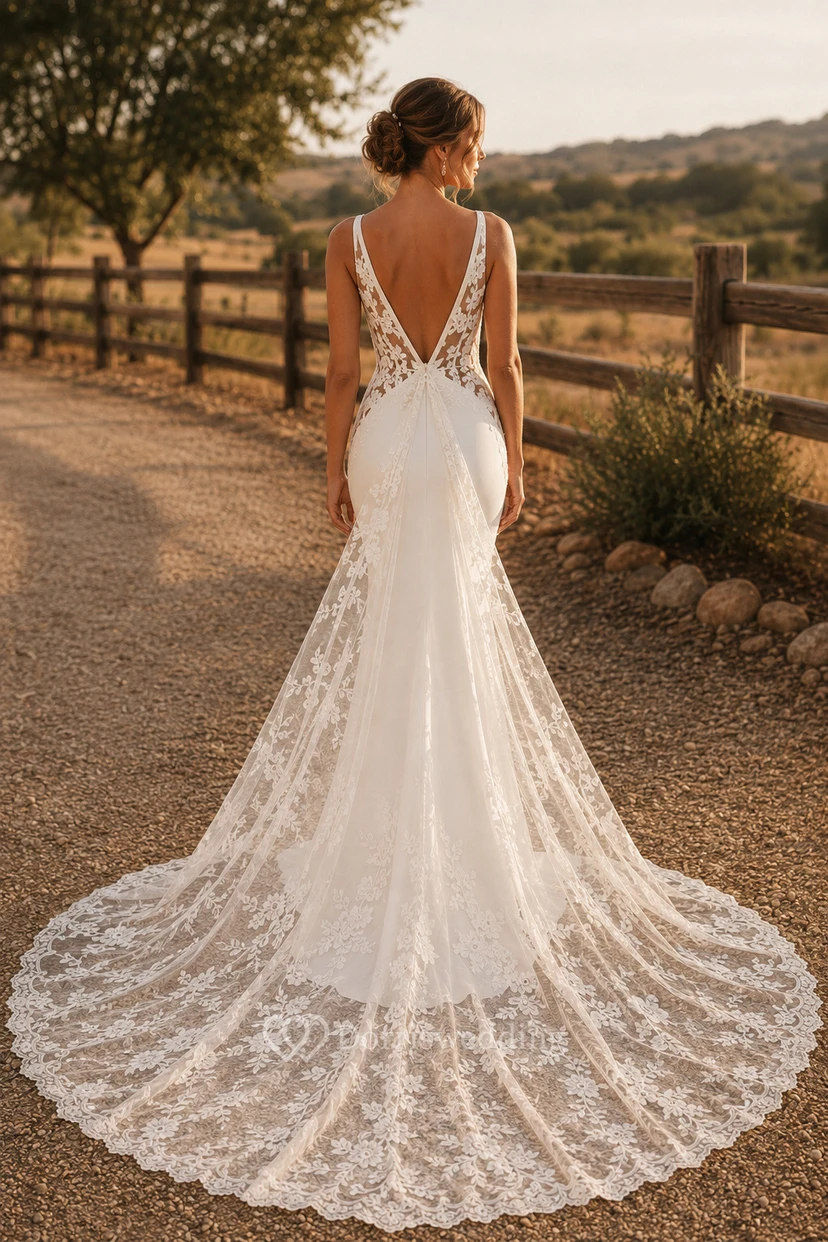 Deep V Mermaid Country Wedding Dress with Lace Side Panels and Chapel Train view 2