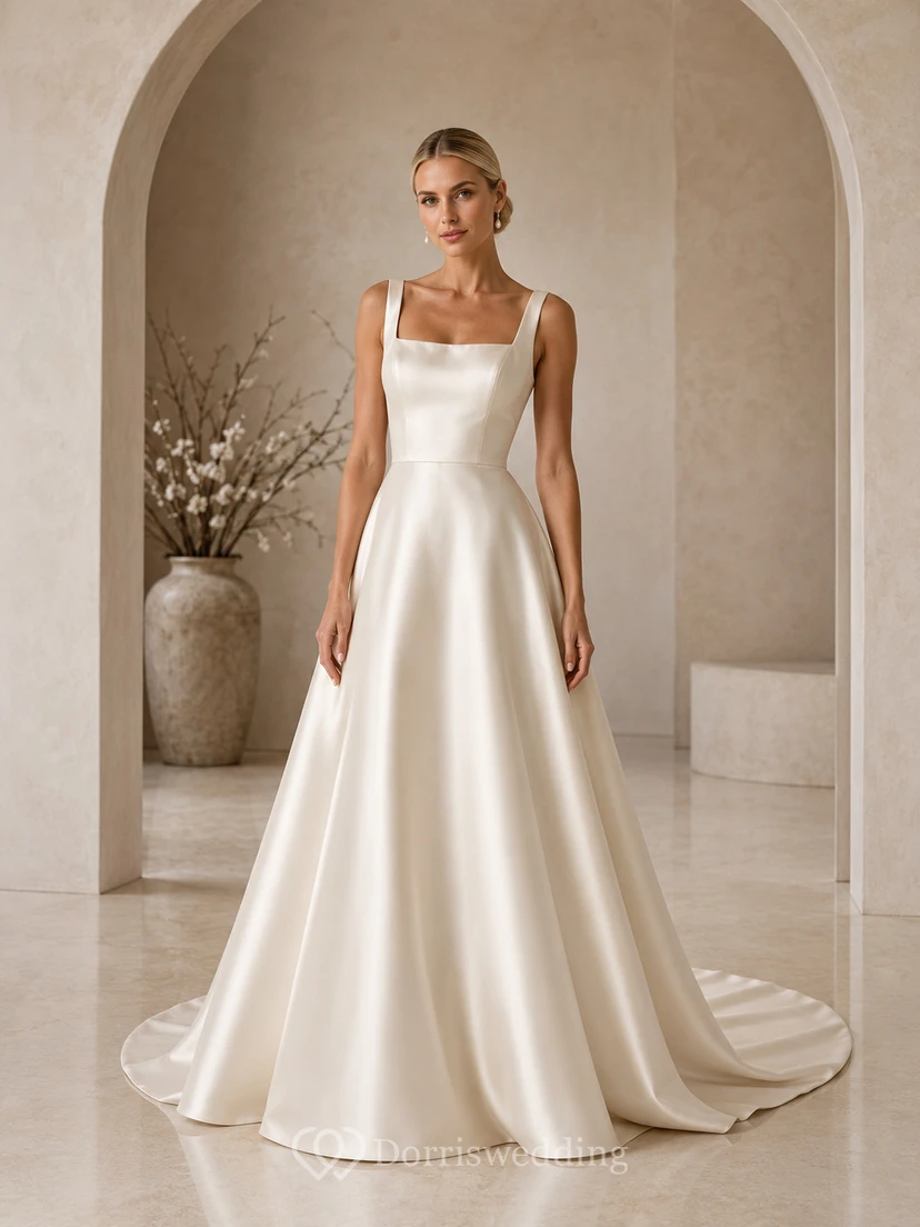Champagne Square Neck Sleeveless Satin A Line Bridal Gown