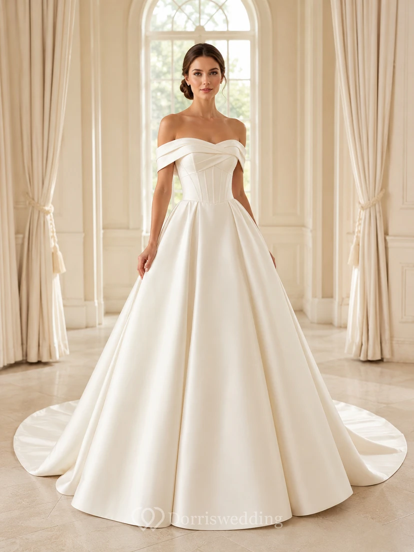 Brautkleid aus Satin, A-Linie, trägerlos, mit Schleppe