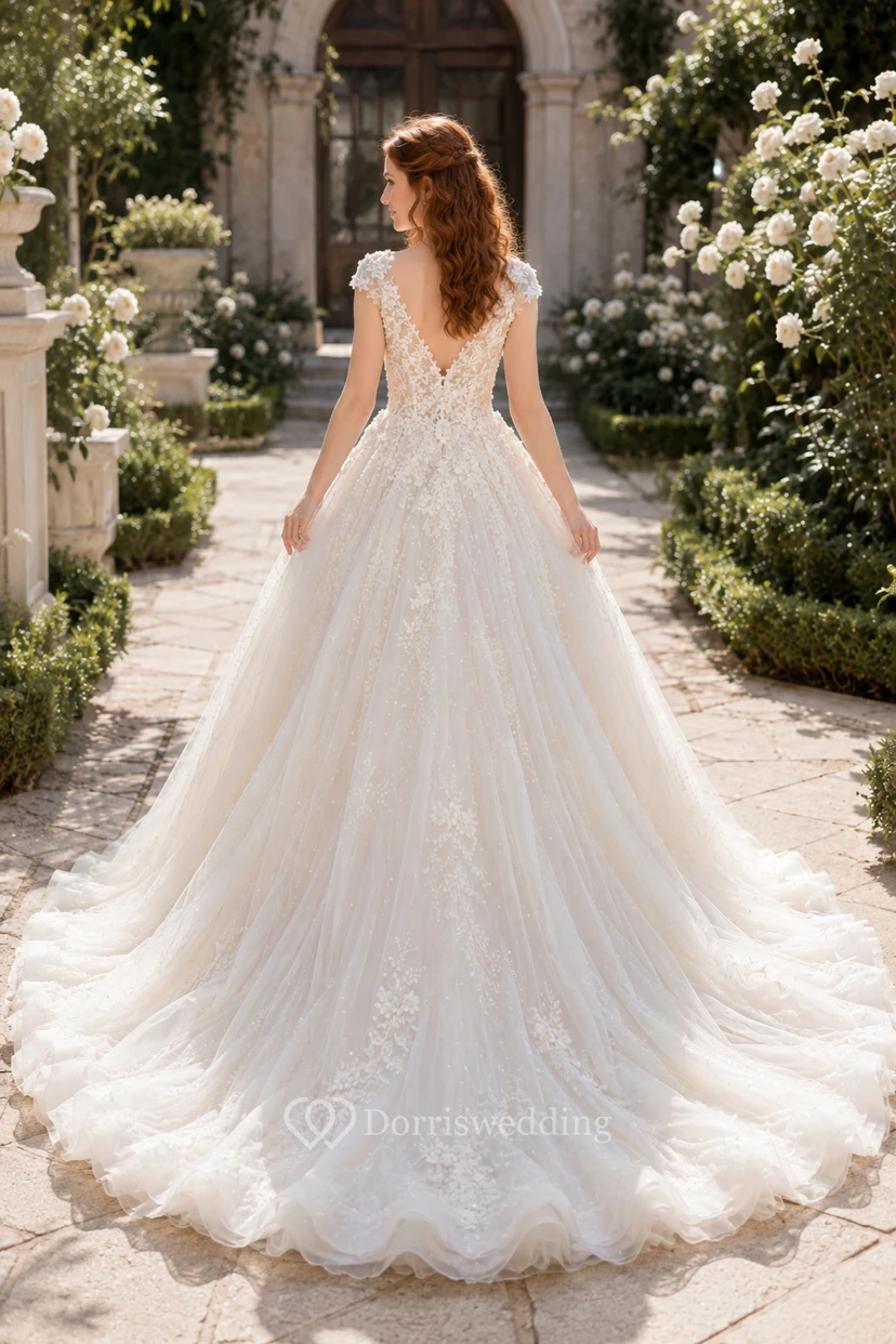 Vestido de novia de gala con mangas cortas, apliques y falda de tul. view 2