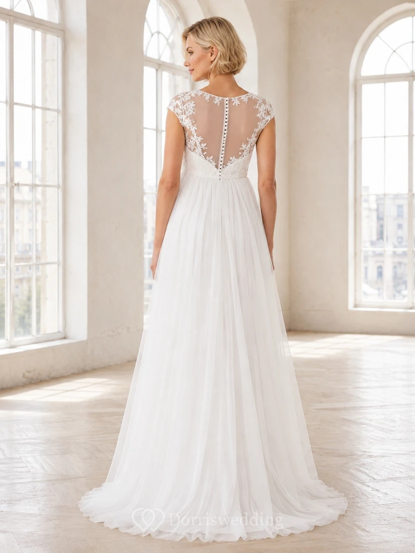 Vestido de novia premamá con mangas cortas de encaje y escote en V view 2