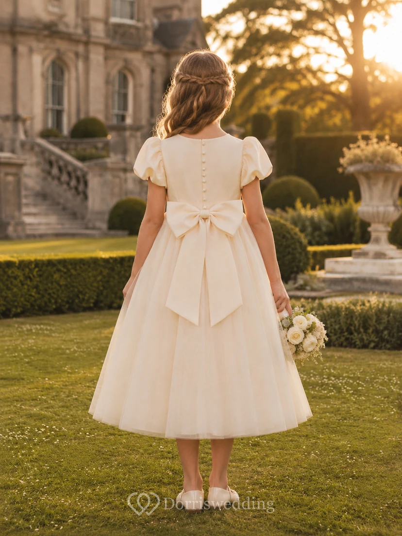 Puff Sleeve Bow Tulle A-Line Flower Girl Dress with Jewel Neck, Tea-Length Skirt and Bow Detail view 2