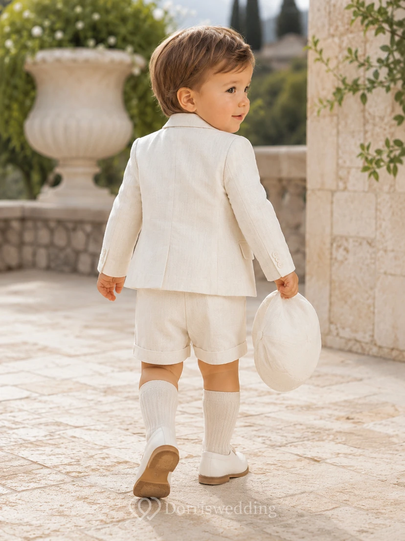 Elfenbeinfarbener Blazer mit Abnähern, kurzes formelles Tauf-Outfit für Jungen view 2