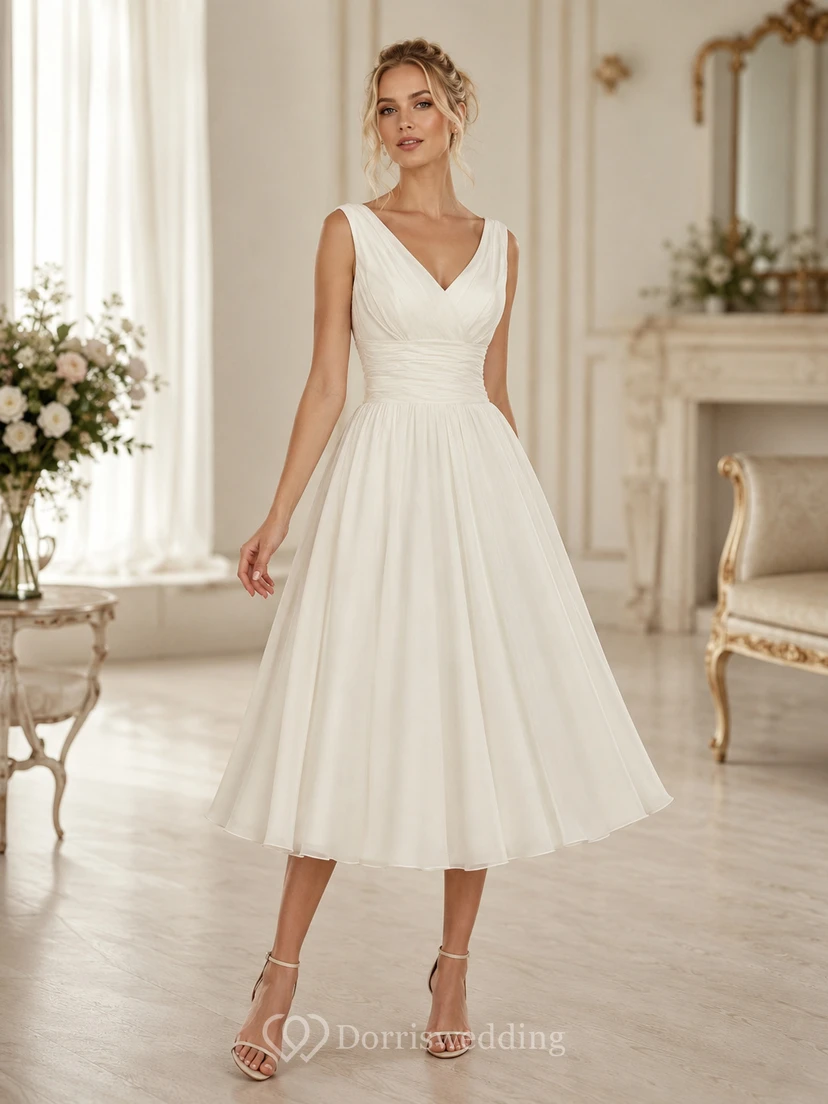 Vestido de novia corto de gasa sin mangas con escote en V, largo hasta la rodilla, fruncido y espalda baja en V. view 2