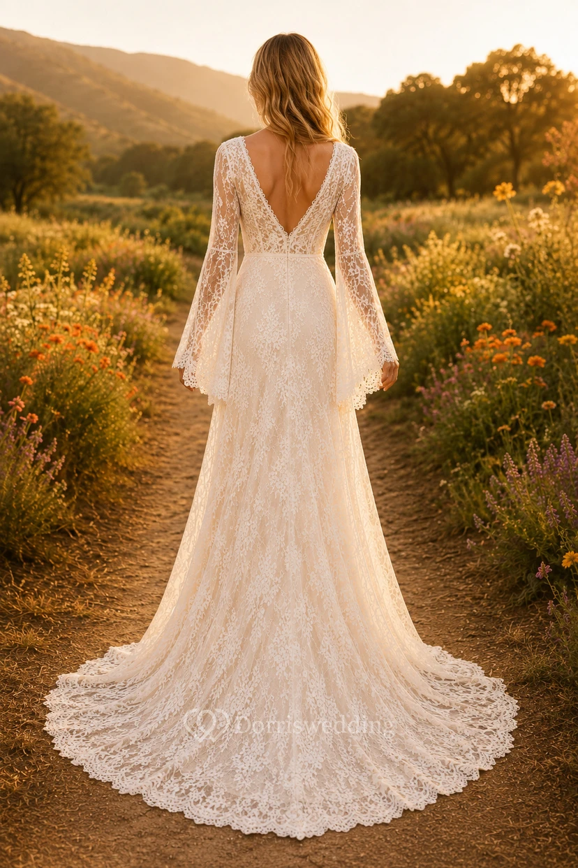 Robe de mariée bohème en dentelle à manches longues et manches cloche view 2