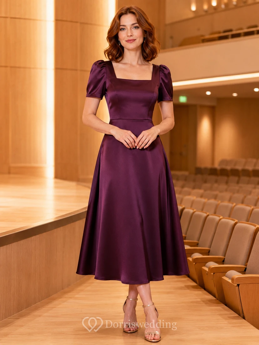 Plum square neck puff sleeve satin performance midi dress