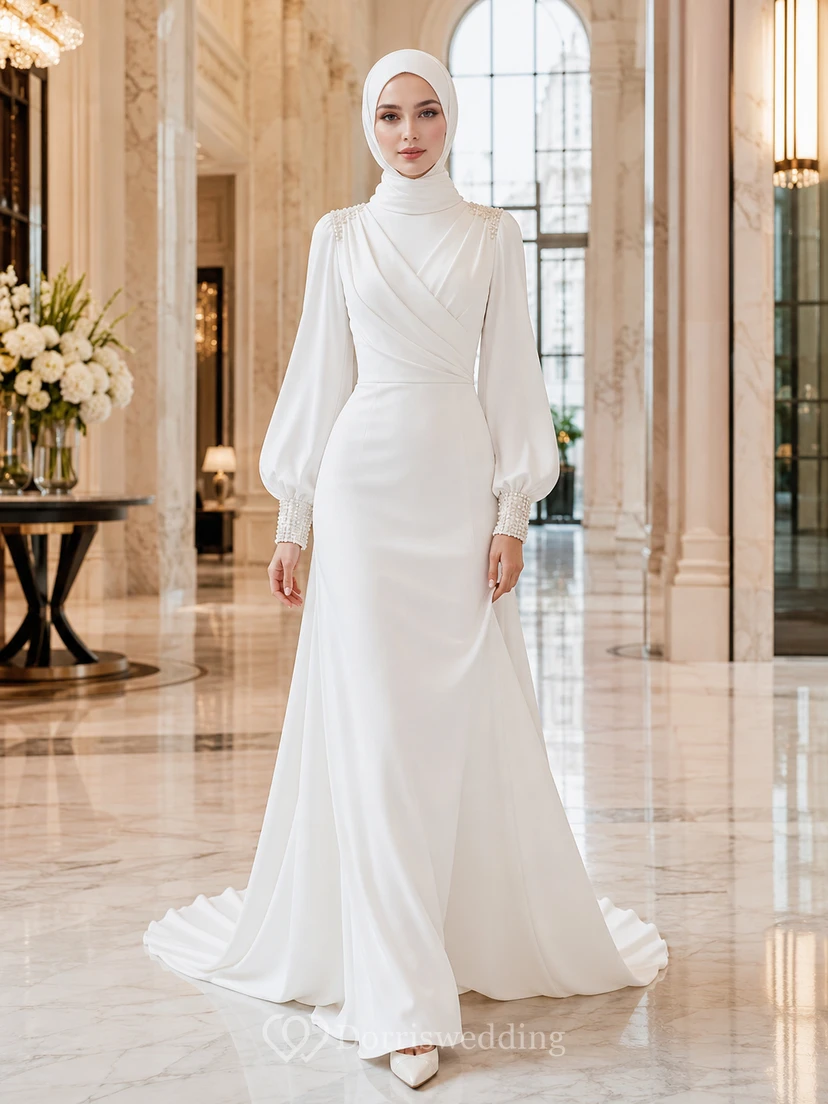 Modest Muslim Draped High Neck Sheath Palace Bridal Gown