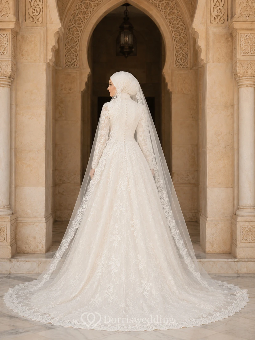 Schlichtes muslimisches Brautkleid mit Spitzenbesatz view 2