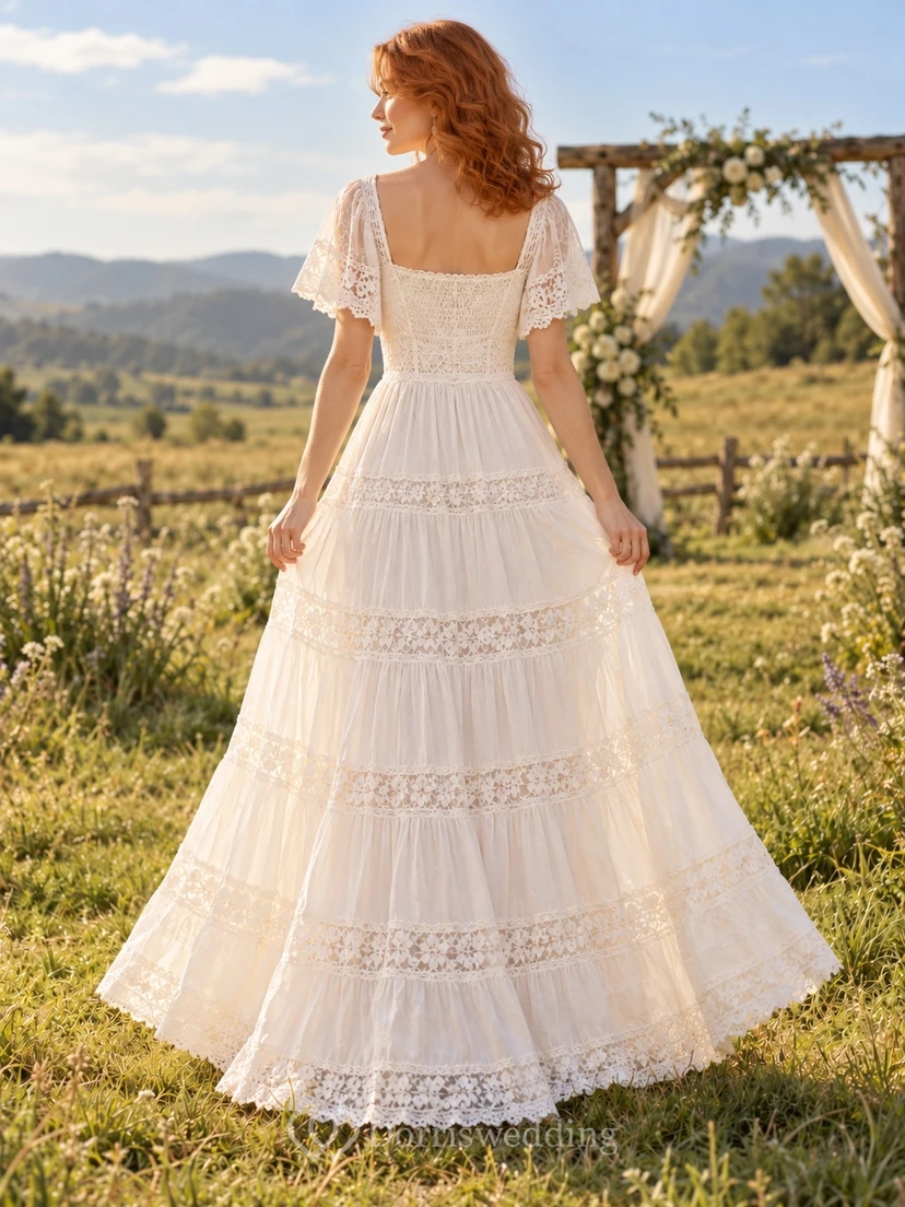 Boho Square Neck Flutter Sleeve Tiered Lace Ankle Length Wedding Dress view 2