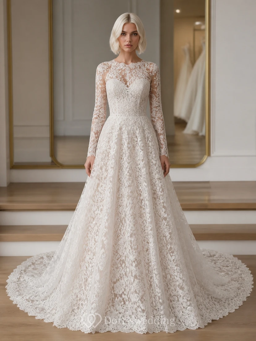 Vestido de novia de encaje de corte A con mangas largas y estilo catedral para novias mayores y modestas