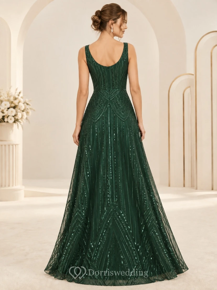Vestido largo de dama de honor vintage verde oscuro, corte en A, escote redondo, sin mangas, con lentejuelas geométricas view 2