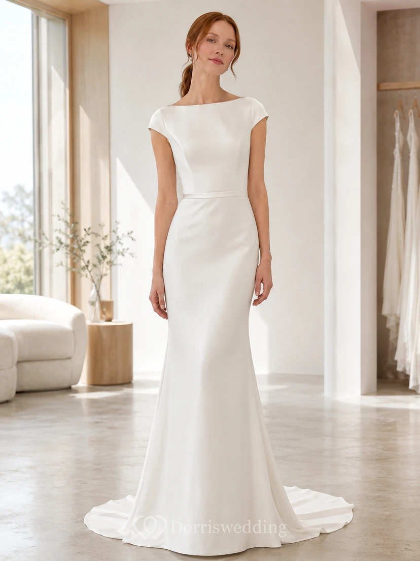 Minimalistisches Brautkleid aus Satin im Meerjungfrauenstil mit U-Boot-Ausschnitt, kurzen Ärmeln und Schleppe
