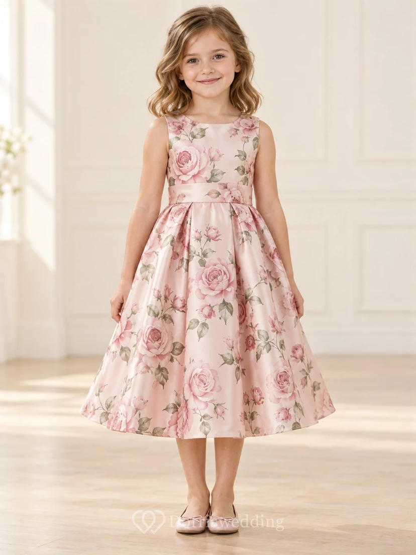 Tea-length Blush Floral Sleeveless Pleated Sash Satin Flower Girl Dress
