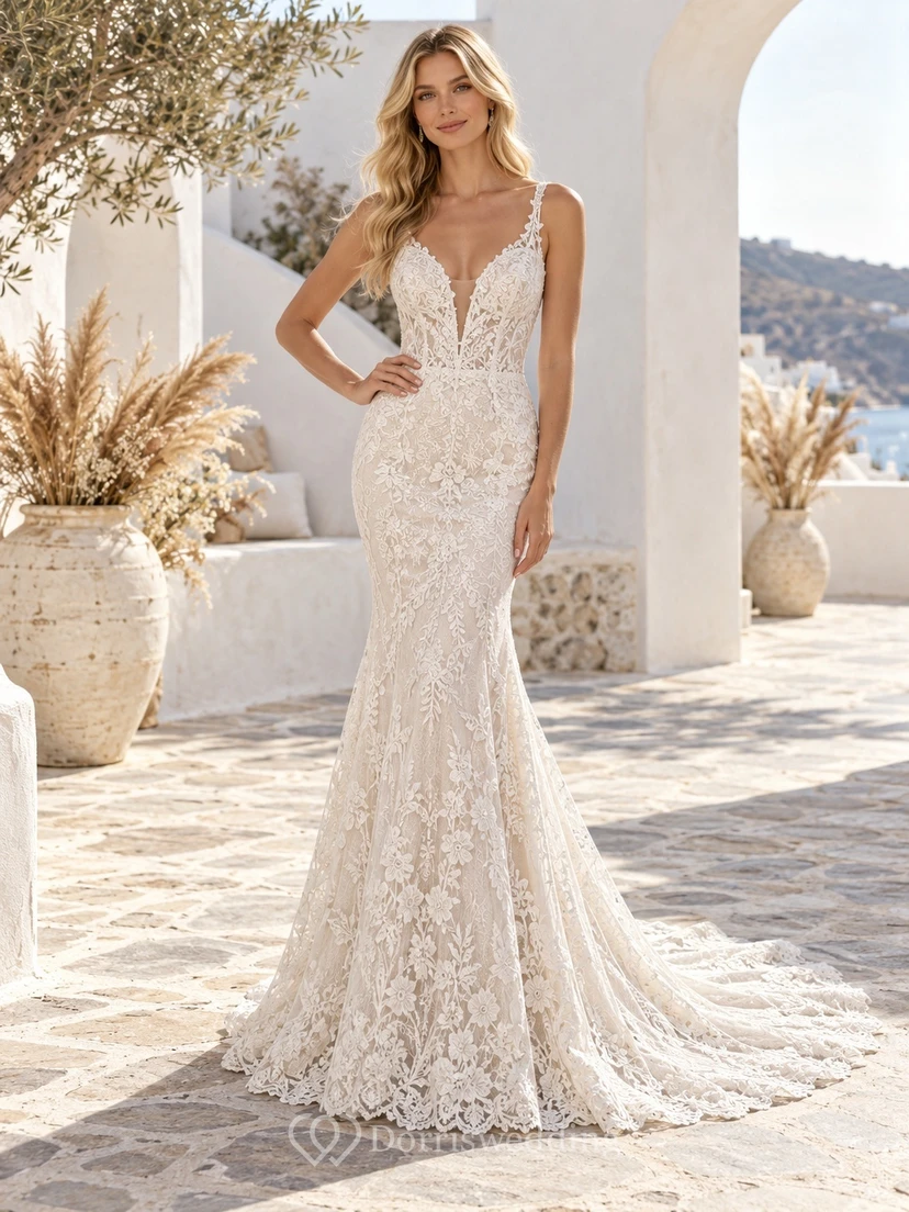 Boho Mermaid V-neck Floral Lace Straps Train Wedding Dress