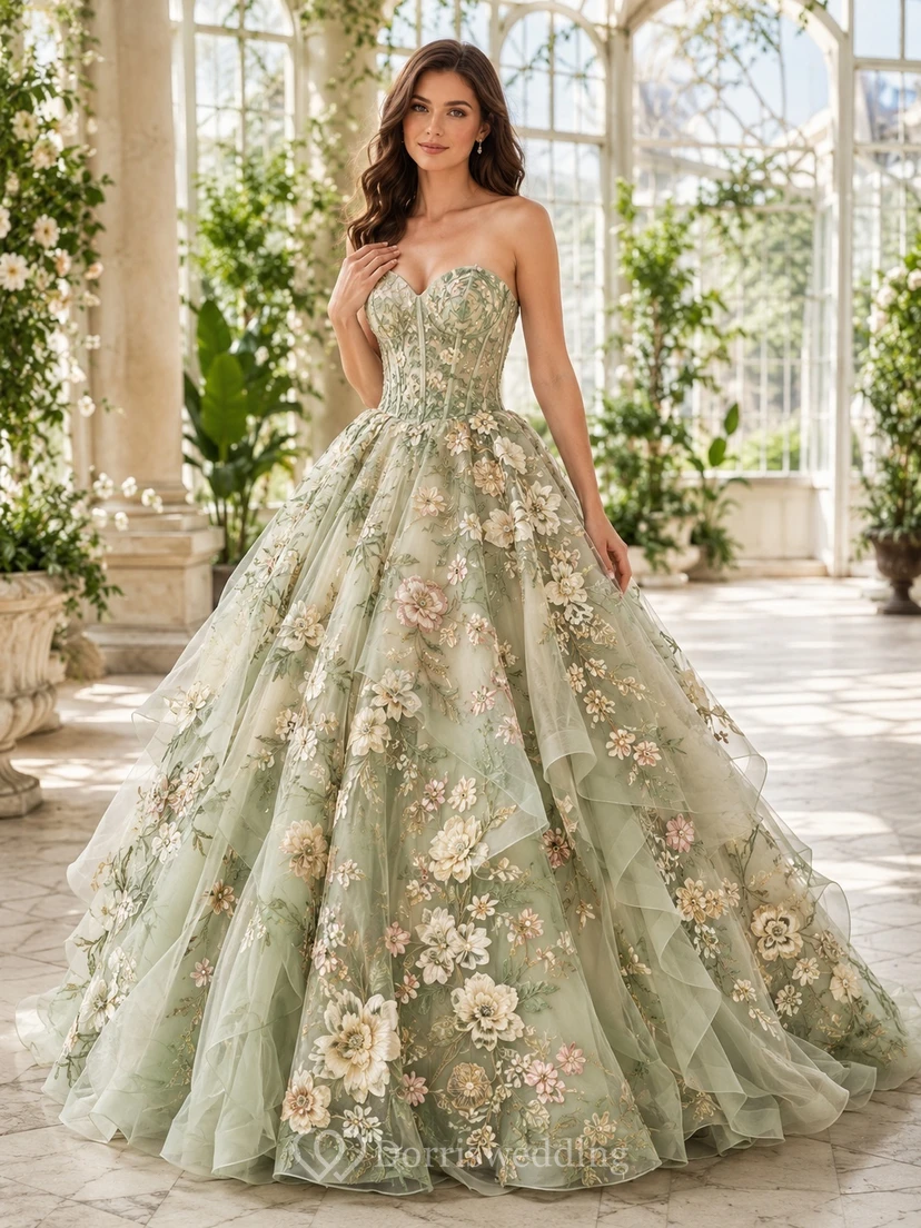 Sage Multicolor Floral Strapless Sweetheart Applique Tulle Ball Gown Sweep Train Dress