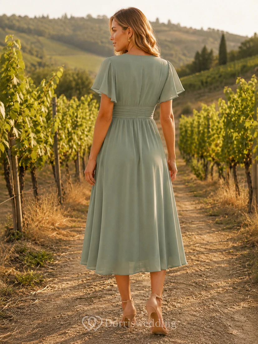 Sage Country Vineyard Wedding Guest Bridesmaid Cocktail Formal Dress A-Line Tea-Length V-Neck Short Sleeve Chiffon Zipper Back view 2