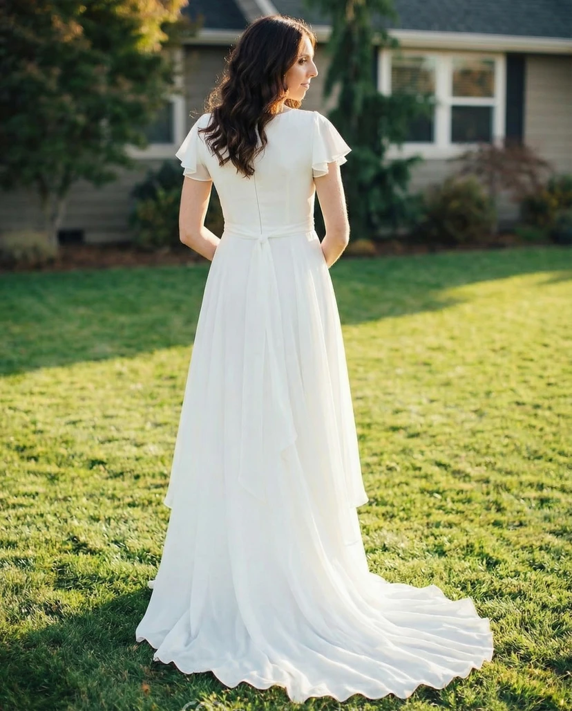 Robe de mariée à manches papillon, jupe en mousseline à volants, robe de mariée romantique pour l'extérieur view 2