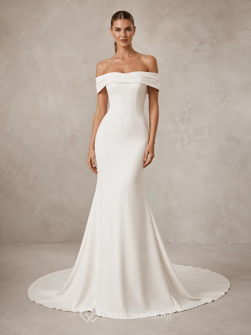 Minimalistisches Brautkleid aus Satin im Meerjungfrauenstil mit schulterfreiem Schnitt und Schleppe