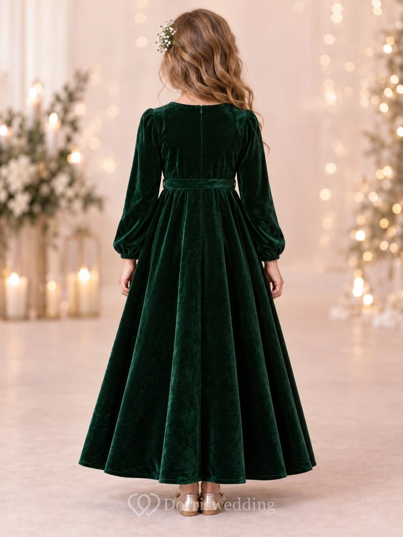 Long Sleeve Vintage Forest Green Ankle-length Gathered Velvet Flower Girl Dress view 2