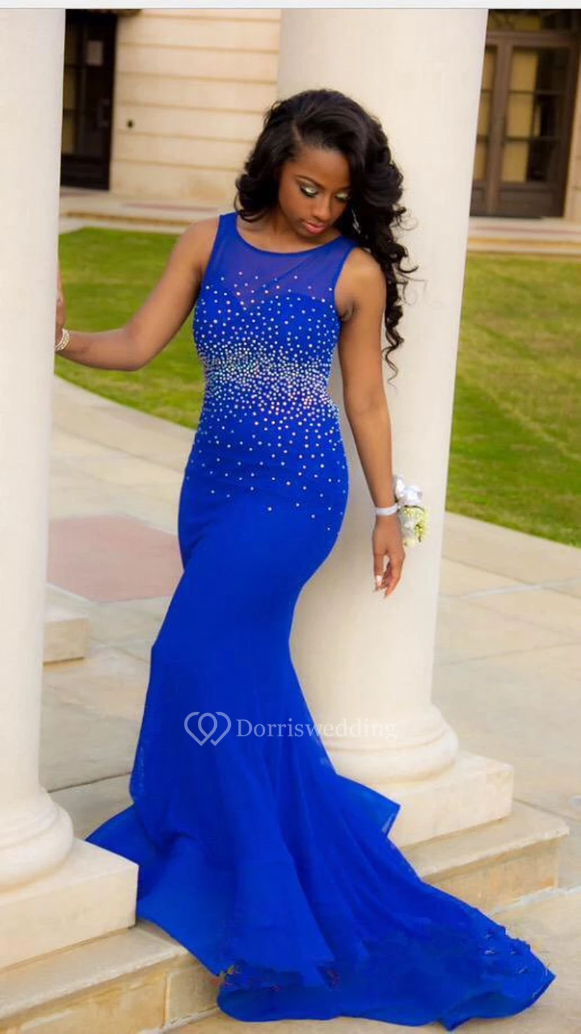 Sexy Royal Blue Mermaid Beadings Prom Dress Open Back