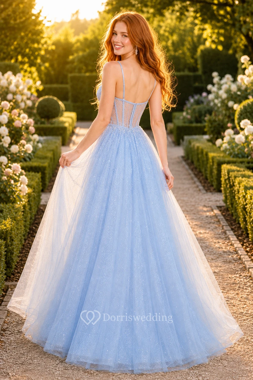 Robe de bal bleu ciel en tulle, robe de soirée bustier cœur sans manches, longueur au sol view 2